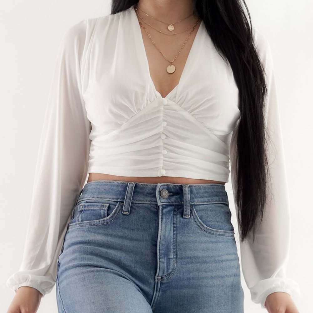 White Long Sleeve Crop Top S-XL